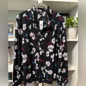 NEW w/ tags - Ann Taylor Black Blouse with Floral Design - ruffle neck - Sz XL